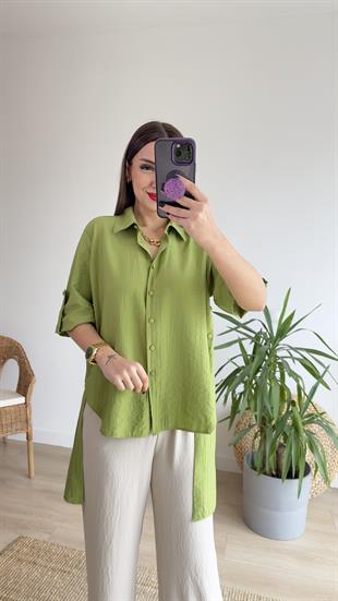 Yanları Düğme Detay Yeşil Gömlek