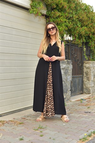 Ön Arka Leopar Detaylı Kolsuz Elbise