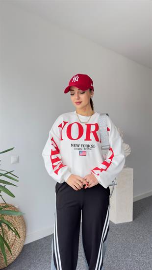 Kırmızı New York Yazılı Sweatshirt