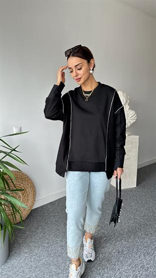 Yela Asimetrik Taş Detay Tasarım Siyah Sweat