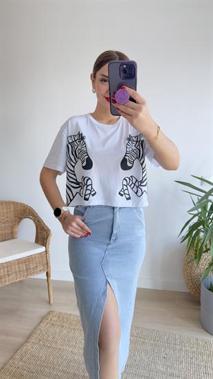 Zebra İşlemeli Beyaz Tshirt