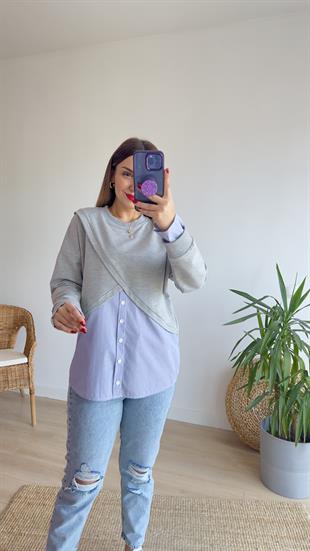 Çapraz Poplin Detay Gri Sweat