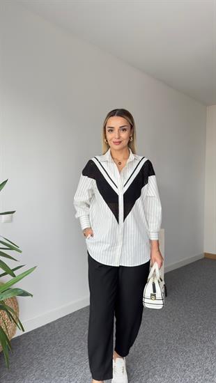 Casa Ribanalı Siyah Beyaz Çizgili Gömlek