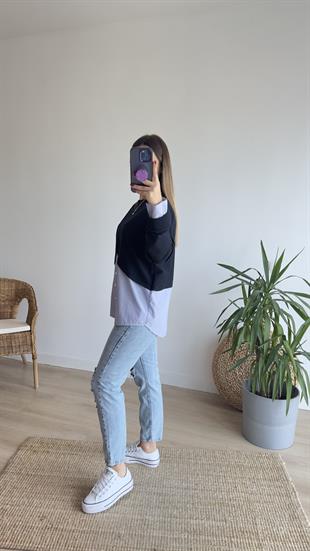 Çapraz Poplin Detay Lacivert Sweat