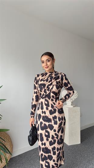 Holty Yaka Detay Leopar Desenli Elbise 