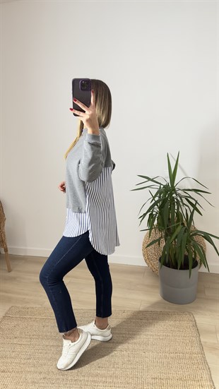 Çizgili Gömlek Detaylı Gri Sweatshirt