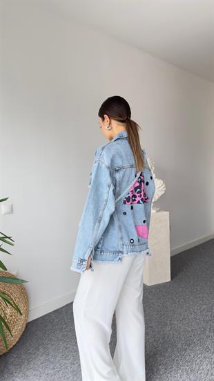 Lera Pembe Leopar Detaylı Tasarım Jean Ceket