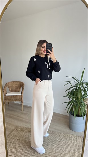Şardonlu Siyah Taşlı Sweat