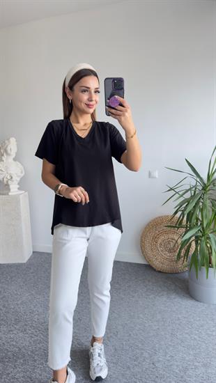V Yaka Arkası Poplin Siyah Tshirt