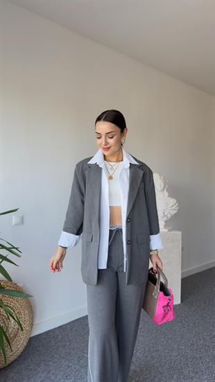 Gri Sırtı Yazılı Tasarım Blazer Ceket