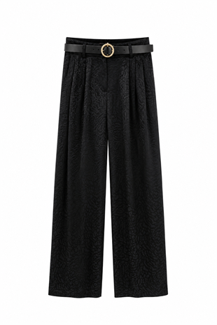 Siyah Tenra Kemerli Saten Leopar Pantolon