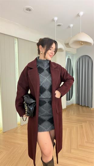 Bordo Liche Kuşaklı Kaşe Kaban