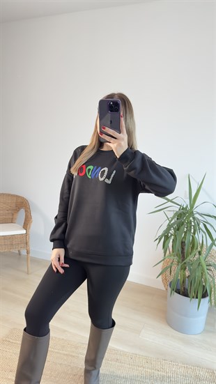 London Baskı Siyah Sweat