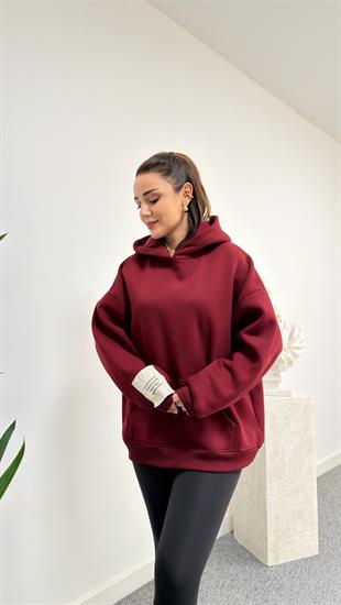 Bordo Kolu Etiket Detaylı Sweatshirt