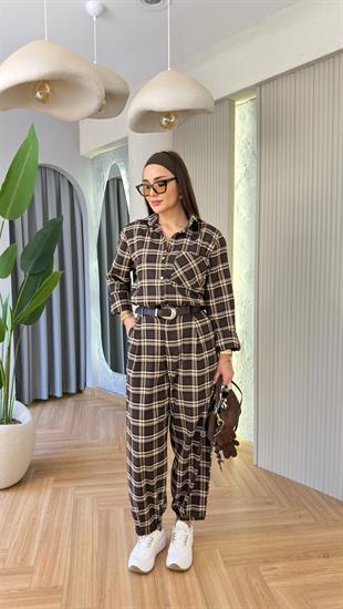 Bej Ekoseli Reyna Kemerli Balon Pantolon 