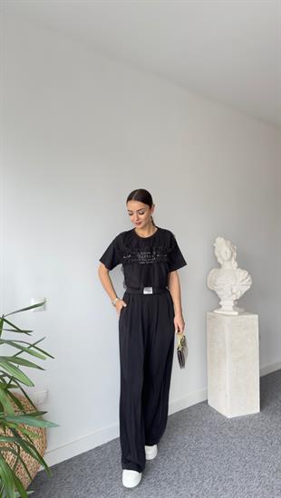 Jesica Lastik Etiket Detaylı Siyah Pantolon