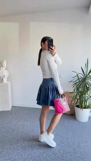 Pilise Detay Likralı Denim Şort Etek