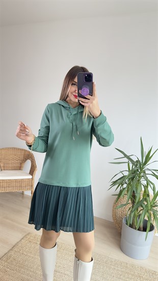 Kapüşonlu Yeşil Sweat Elbise 