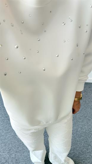 Beyaz Ravev Aksesuarlı Scuba Sweat