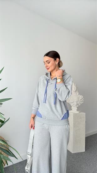Gri Reste Poplin Garnili Sweatshirt