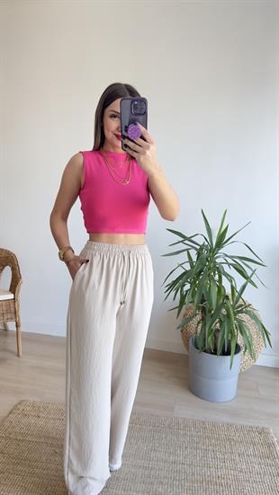 Beli Lastikli Bol Paça Bej Pantolon