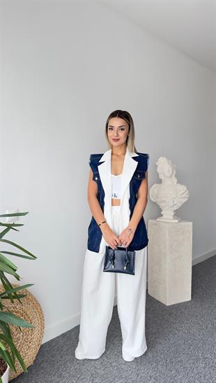 Beyaz Noctur Tasarım Jean Yelekli Takım