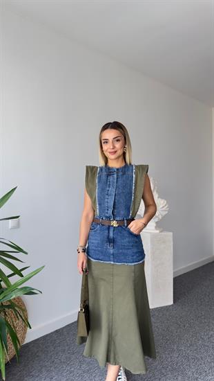 Haki Geçişli Tasarım Denim Elbise 