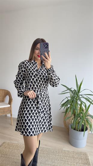 Zra Model Siyah Beyaz Kuşaklı Elbise 