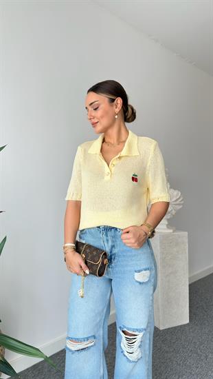 Sarı Kiraz Detaylı Triko Bluz