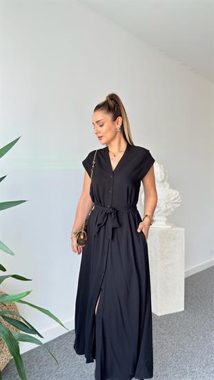 Lize Kuşaklı Basic Siyah Maxi Elbise 