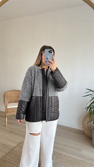 Kapitone Detaylı Gri Polar Mont