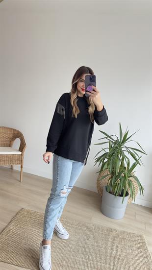 Üç İplik Zincirli Siyah Sweat