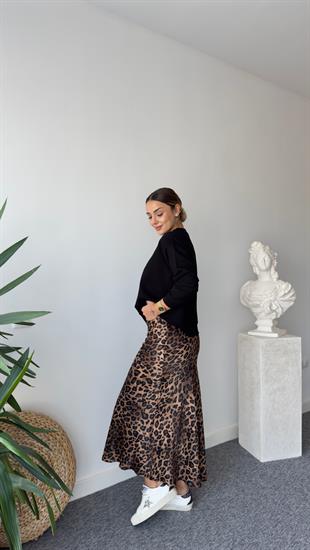 Ricar Kahve Leopar Desenli Etek Sweat Takım