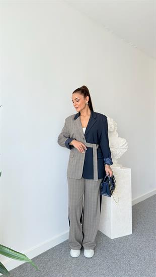Lisle Ekose Detaylı Lacivert Pantolon
