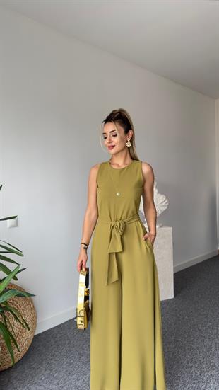 Carta Kuşaklı Olive Bol Paça Tulum