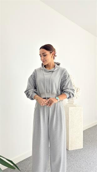 Vilies Triko Detaylı Gri Sweatshirt