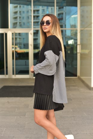 Ekose Detaylı Siyah Sweat