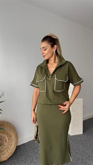 Biyeli Fermuar Cep Detay Haki Takım