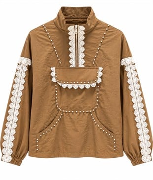 Camel Dantel Detaylı Astarlı Tasarım Sweatshirt