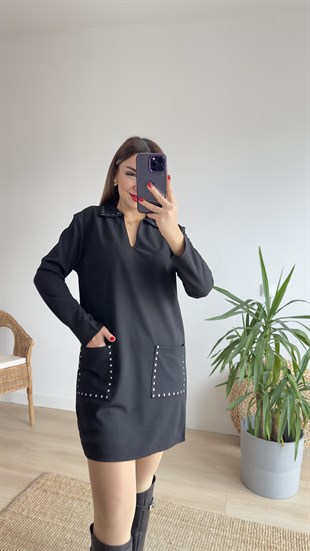 Zımba Detaylı Polo Yaka Siyah Elbise 