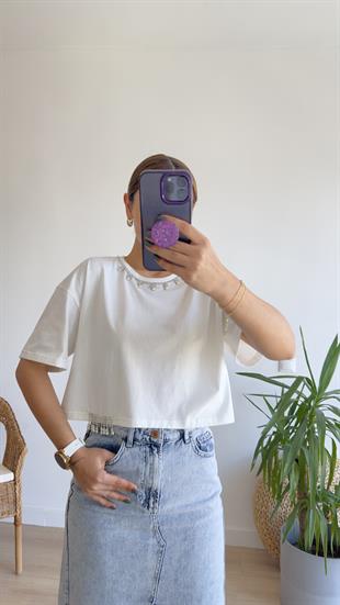 Zemu Taş Ve İnci Detay Beyaz Tshirt