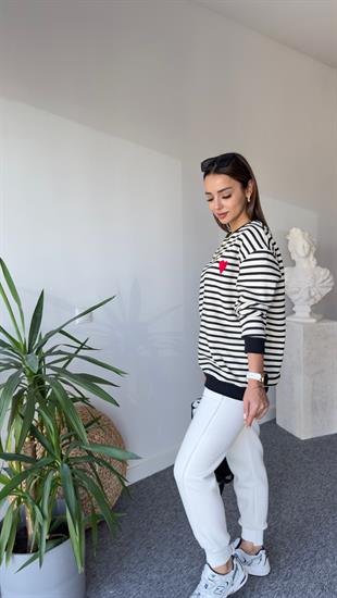 Cardi Kalp İşlemeli Çizgili Beyaz Sweat