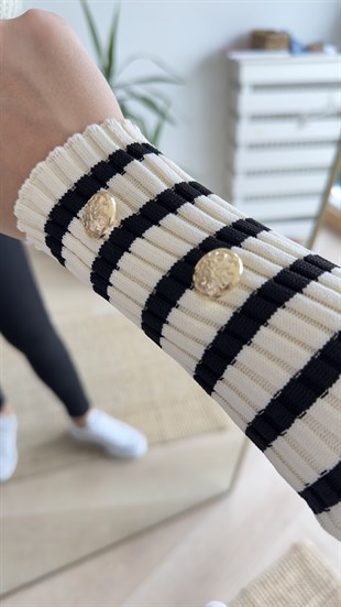Kolu Düğmeli Çizgili Triko Ekru