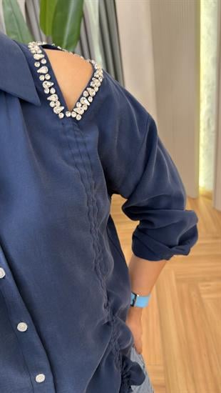 Lacivert Natha Büzgülü Taş Detay Tensel Gömlek