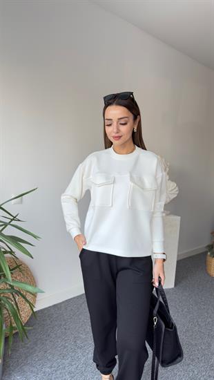 Orj Model Cepleri Taş Şeritli Modal Beyaz Sweat