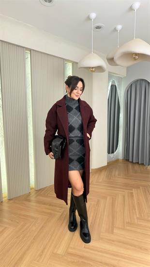 Bordo Liche Kuşaklı Kaşe Kaban