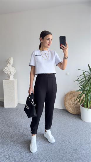 Sheer Nakışlı Beyaz Basic Tshirt
