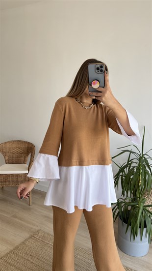 Camel Gömlek Detaylı Bluz Pantolon Takım