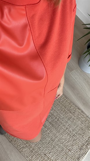 Deri Detaylı Turuncu Tunik Elbise 