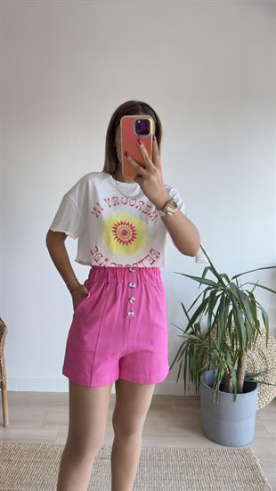 Pembe Yazı Detaylı Kısa Tshirt